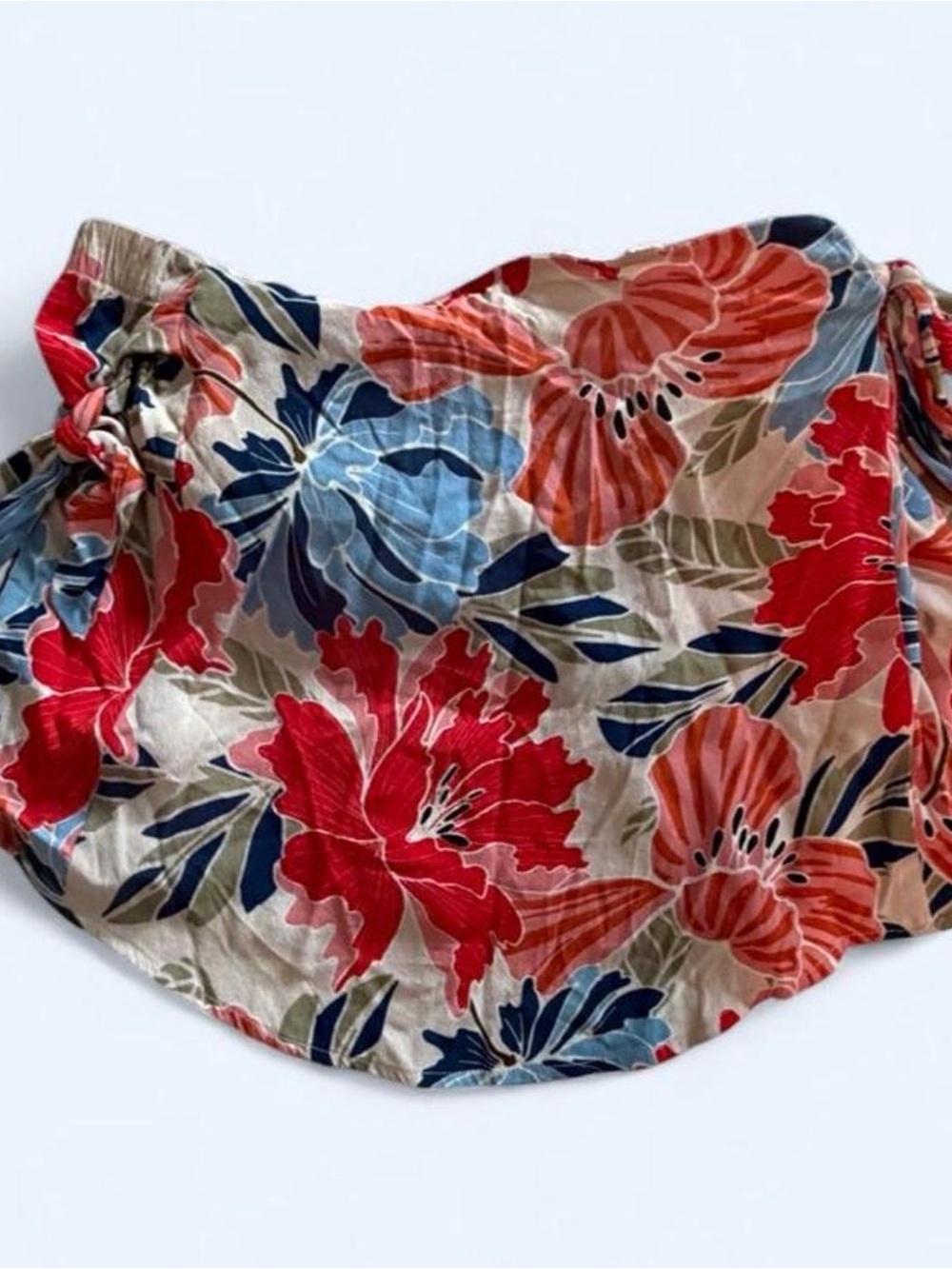Astr Floral Drawstring Strapless Top 
 in Coral, Blue & Cream